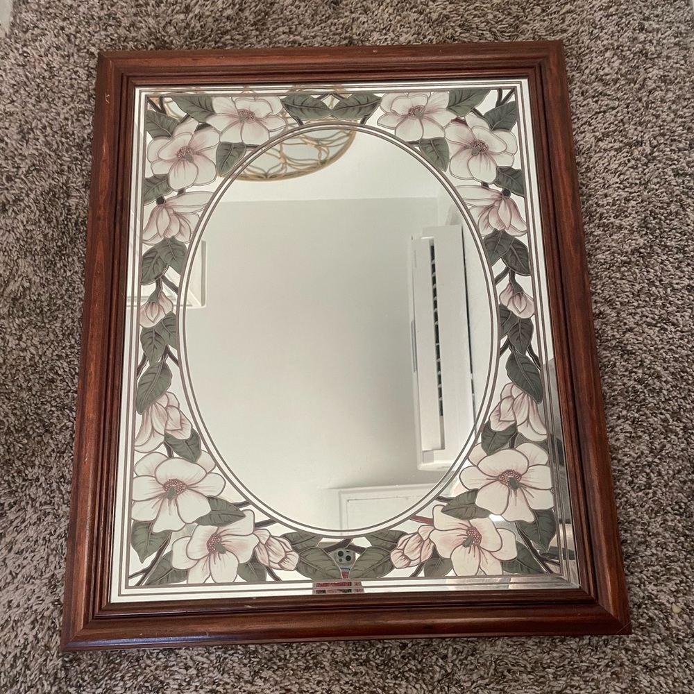70s-80s Rectangular Magnolia Painted Vintage Floral Mirror